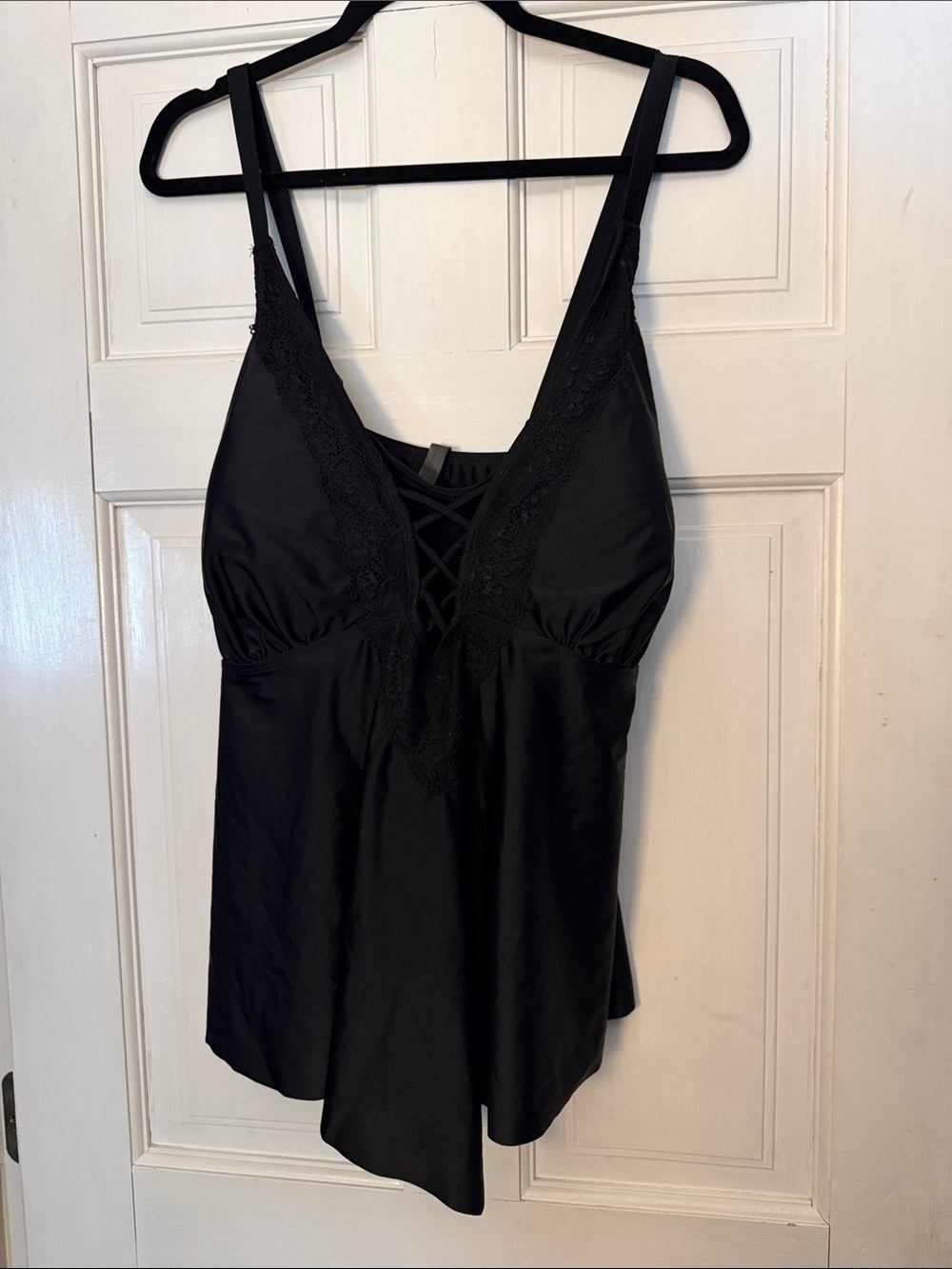 Lace-Trim Black V-Neck Women's swim tank